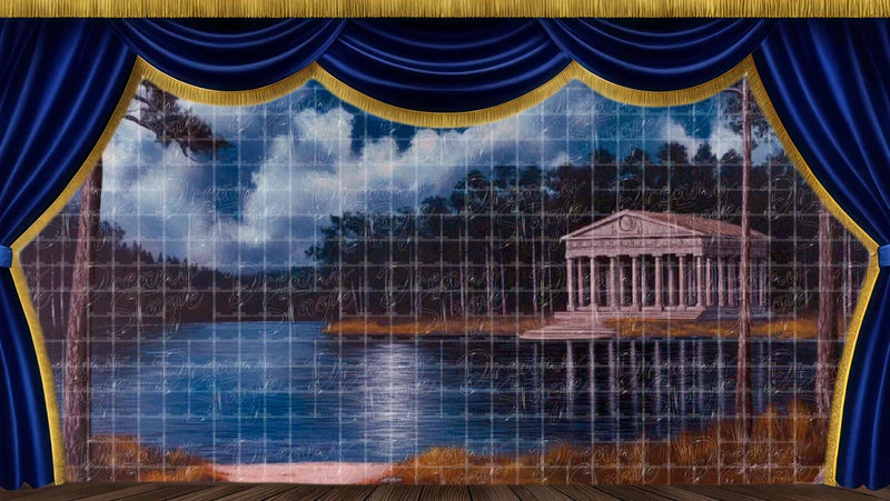 Moonlit villa by the lake digital stage backdrop with classical night garden, water, distant pavilion, and romantic theatrical scenery.