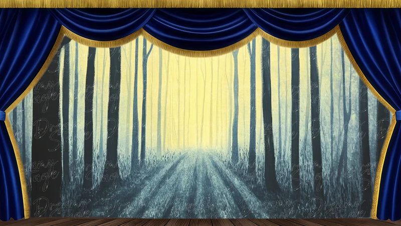 Sunlit birch forest digital stage backdrop with golden morning light, tall trees, and soft woodland scenery for theatre and dance productions.