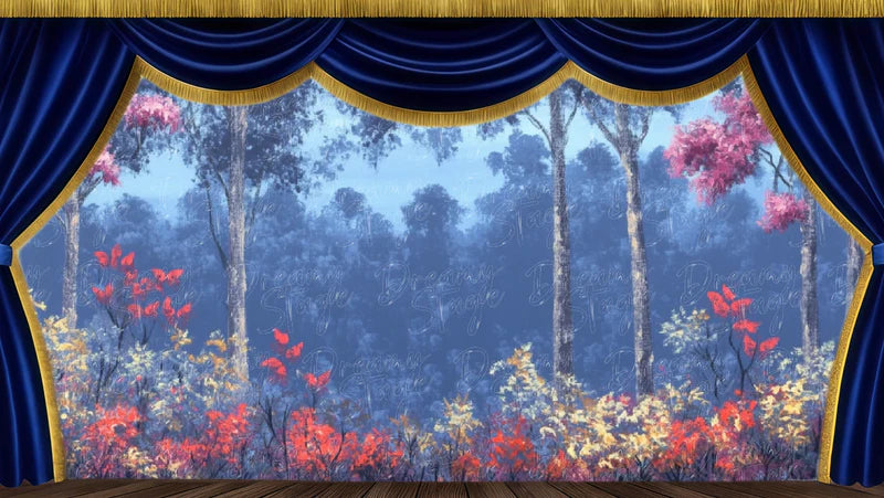 Blue flower forest digital stage backdrop with red blossoms, misty ground, and dreamy romantic woodland scenery for theatre productions.