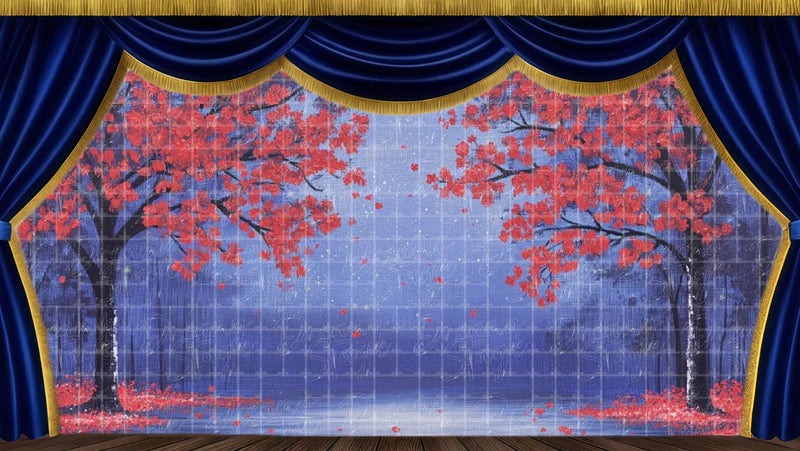 Red blossom forest canopy digital stage backdrop with misty ground, romantic woodland atmosphere, and dreamy Shakespeare scenery.