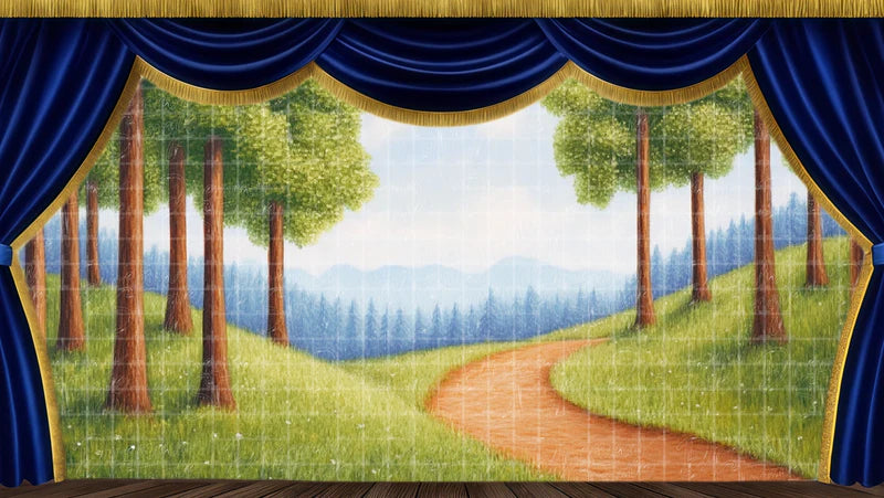 Woodland path digital stage backdrop with open horizon, trees, and scenic outdoor theatre landscape for Shakespeare productions.