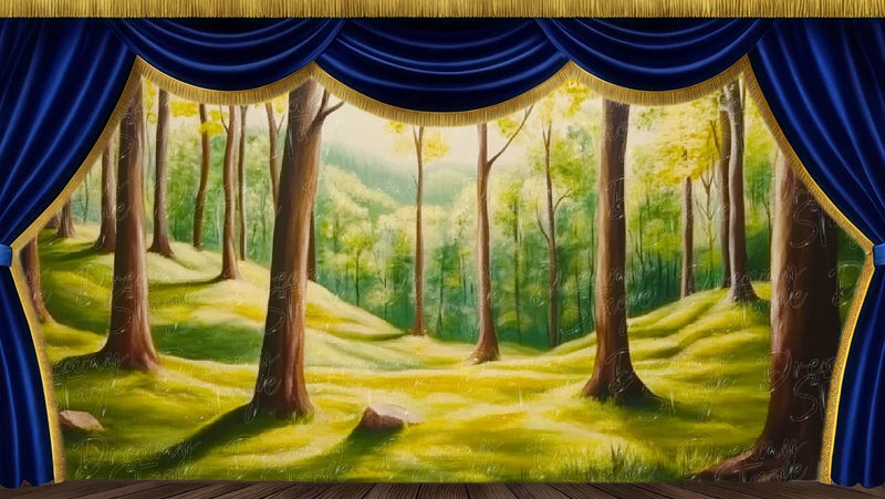 Sunlit forest clearing digital stage backdrop with tall green trees, warm light, and peaceful woodland scenery for theatre and dance.