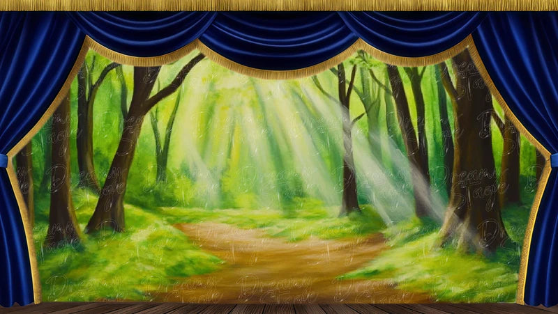 Enchanted sunbeam forest path digital stage backdrop with lush trees, golden light, and magical woodland scenery for Shakespeare plays.