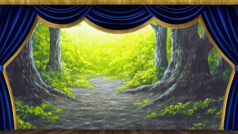 Bright forest gate clearing digital stage backdrop with large trees, soft light, and natural woodland entrance for theatre productions.