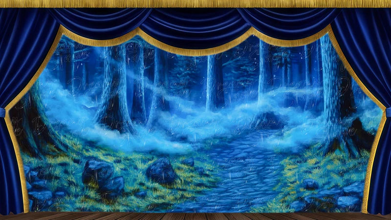 Misty blue fairy forest digital stage backdrop with glowing fog, moonlit trees, and enchanted woodland scenery for A Midsummer Night's Dream.