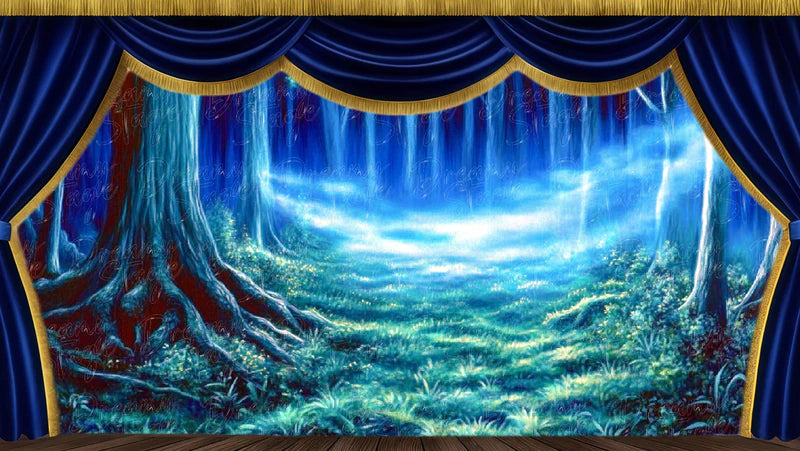 Deep blue enchanted mist forest digital stage backdrop with luminous fog, twisting roots, and magical woodland scenery for Shakespeare theatre.