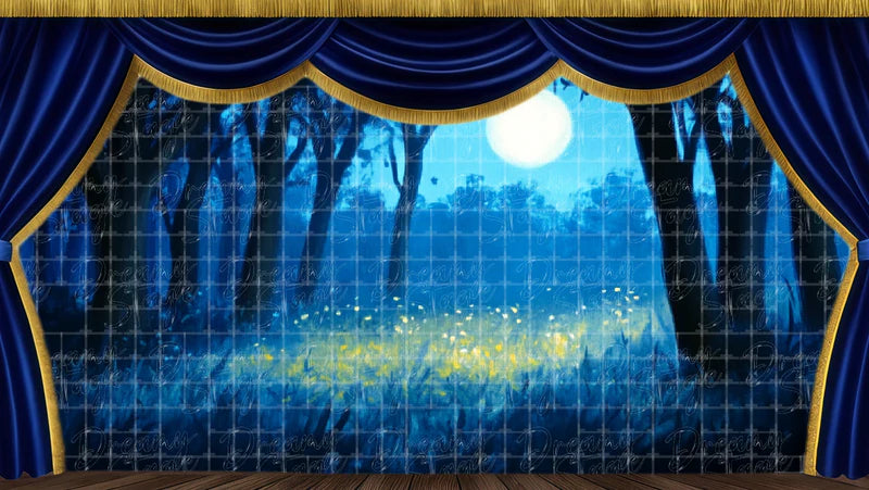 Moonlit blue woodland digital stage backdrop with open clearing, glowing lights, and deep night forest scenery for A Midsummer Night's Dream.