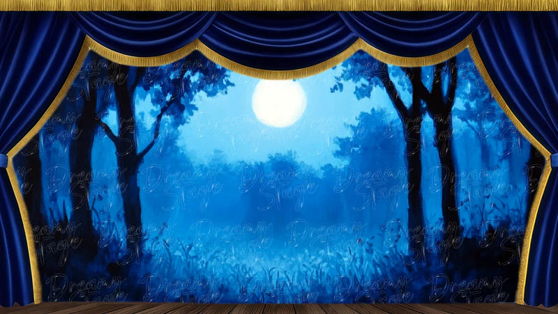 Full moon forest clearing digital stage backdrop with deep blue night atmosphere, tall trees, and moonlit Shakespeare scenery.