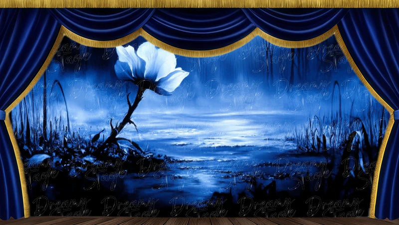 Moonlit shore digital stage backdrop with white blossom, water, blue night scenery, and romantic theatre atmosphere.