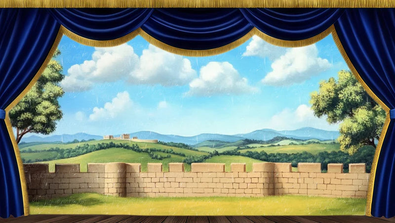 Classical garden wall digital stage backdrop with open landscape, sunny hills, and pastoral outdoor theatre scenery.