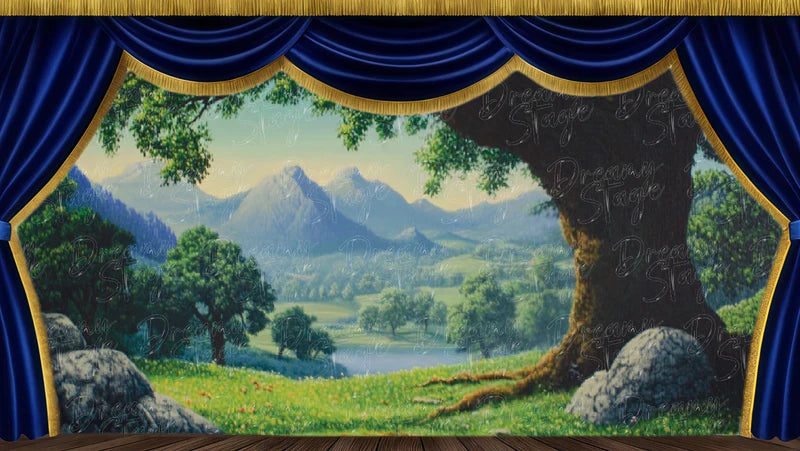 Ancient tree meadow digital stage backdrop with distant hills, valley light, and pastoral landscape scenery for theatre productions.