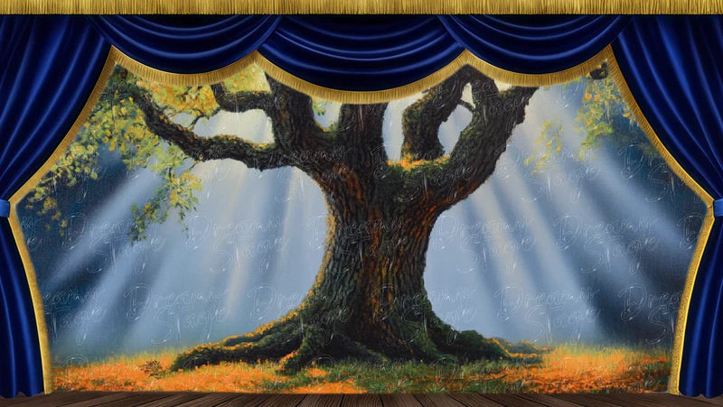 Sacred tree digital stage backdrop with sunbeams, mythic woodland roots, glowing forest light, and magical Shakespeare scenery.