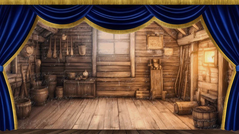 Rustic cottage interior digital stage backdrop with wooden furniture, brown room walls, and period village theatre setting.