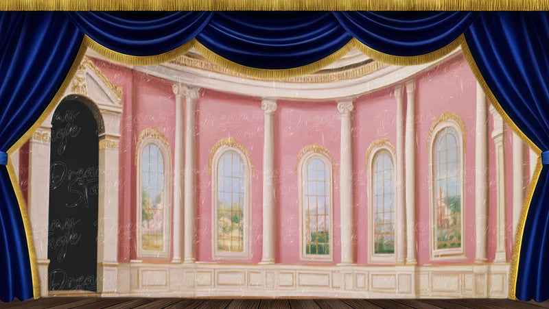 Pink palace wall interior digital stage backdrop with gold trim, elegant panels, and classical royal room scenery.