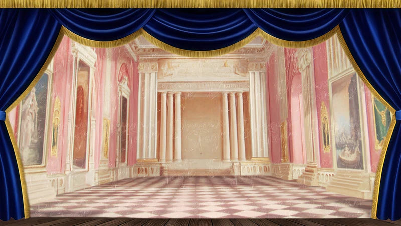 Pink ballroom interior digital stage backdrop with checkered floor, columns, and elegant classical palace room scenery.