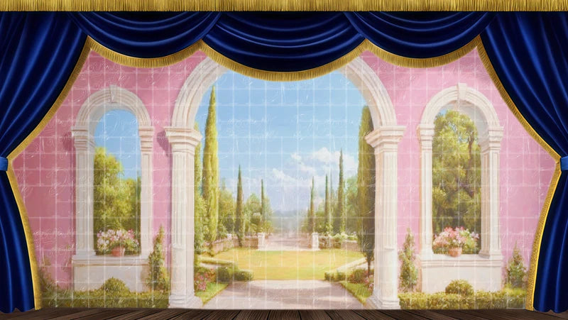 Pink palace archway digital stage backdrop with garden view, columns, romantic light, and classical theatre scenery.
