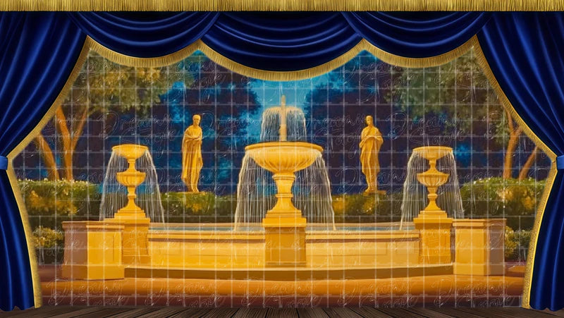 Golden fountain court digital stage backdrop with classical garden architecture, evening light, and elegant palace scenery.