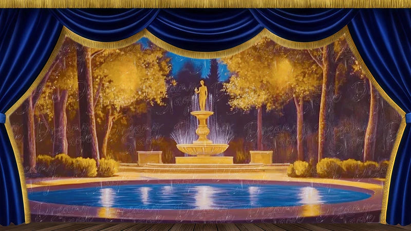 Night fountain garden digital stage backdrop with golden trees, blue evening sky, fountain pool, and romantic theatre scenery.