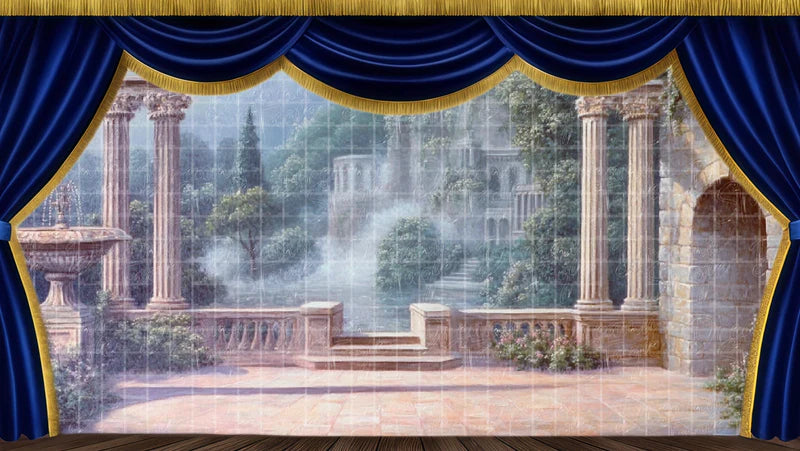Misty classical courtyard digital stage backdrop with fountain, columns, pale garden architecture, and elegant theatre scenery.