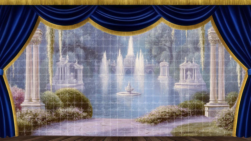 Grand palace fountain vista digital stage backdrop with water features, classical garden architecture, and wide scenic theatre view.