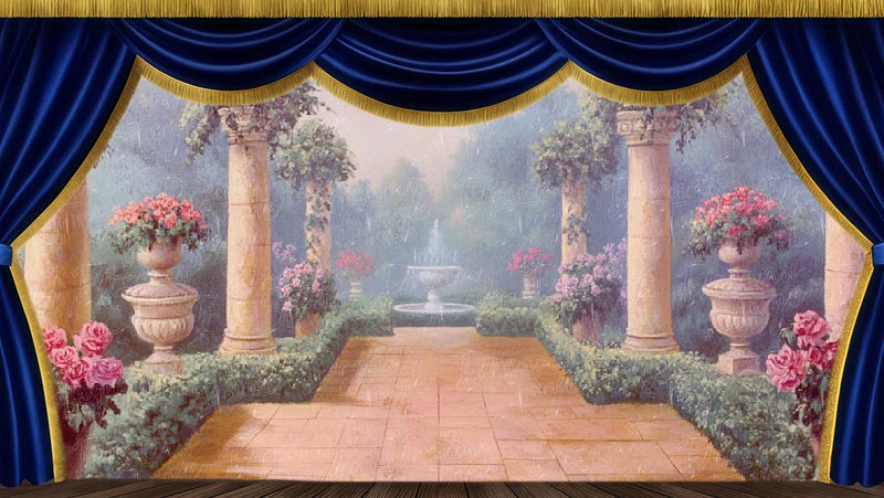 Rose terrace garden digital stage backdrop with classical columns, urns, flowers, and romantic outdoor theatre scenery.