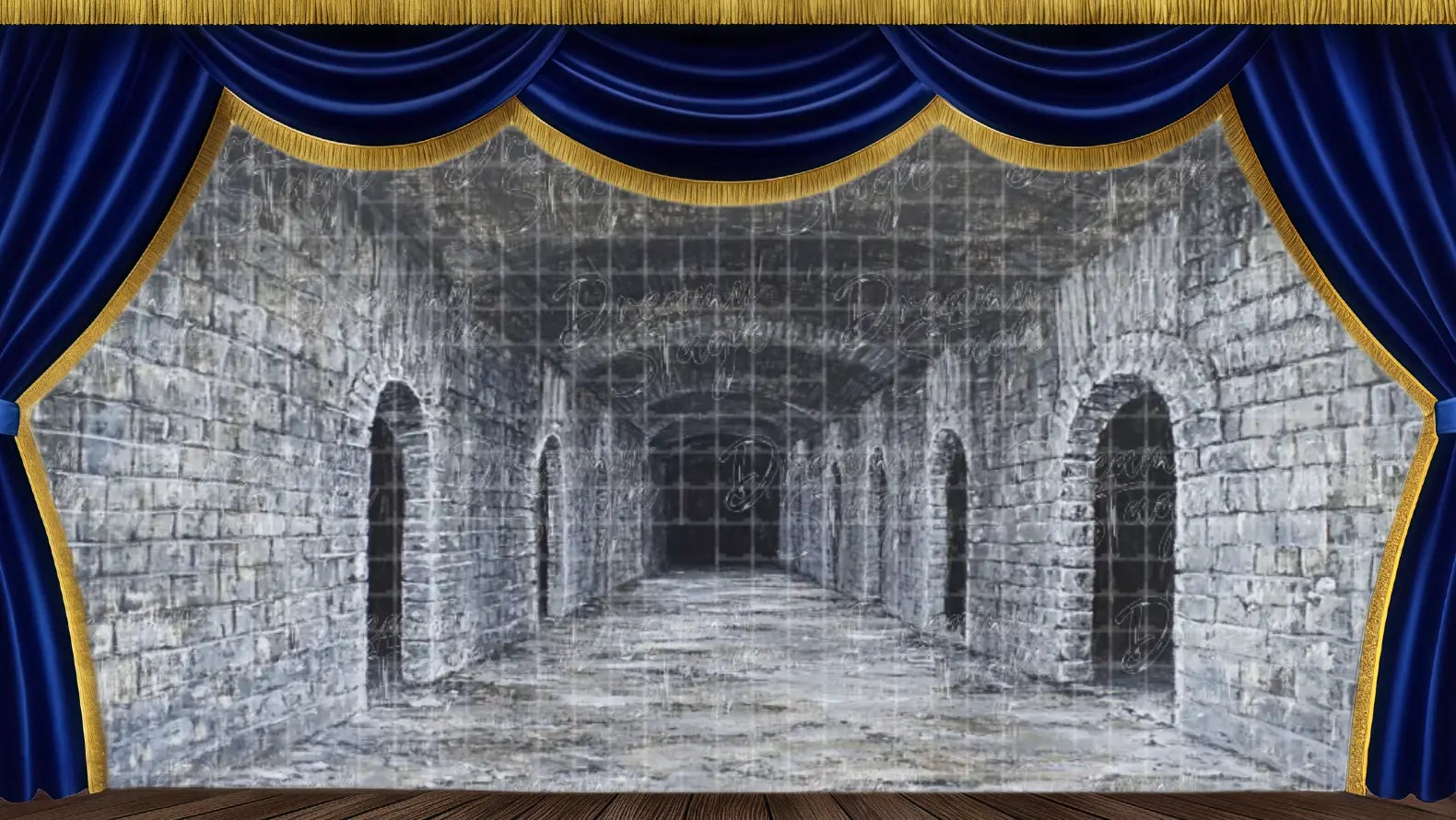 Illustration of a dark stone corridor with gothic archways and shadowy cells, perfect for dungeon or robber scenes in The Snow Queen stage productions or fantasy plays