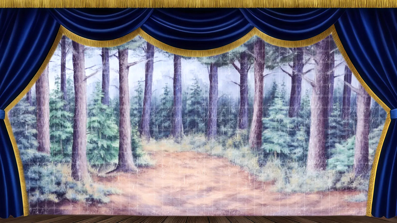 Mysterious gothic forest path stage backdrop with shadowed trees. Ideal spooky musical transition scenery.