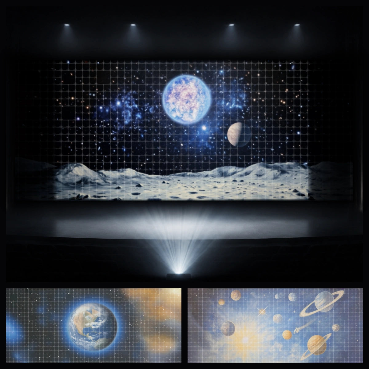 Deep space mini digital backdrop bundle featuring projected galaxy landscape, moon landing scenery, Earth space view, and solar system planet illustration for instant download stage projection, school science events, STEM performances, VBS galaxy themes, church kids ministry, and outer space theatre productions.