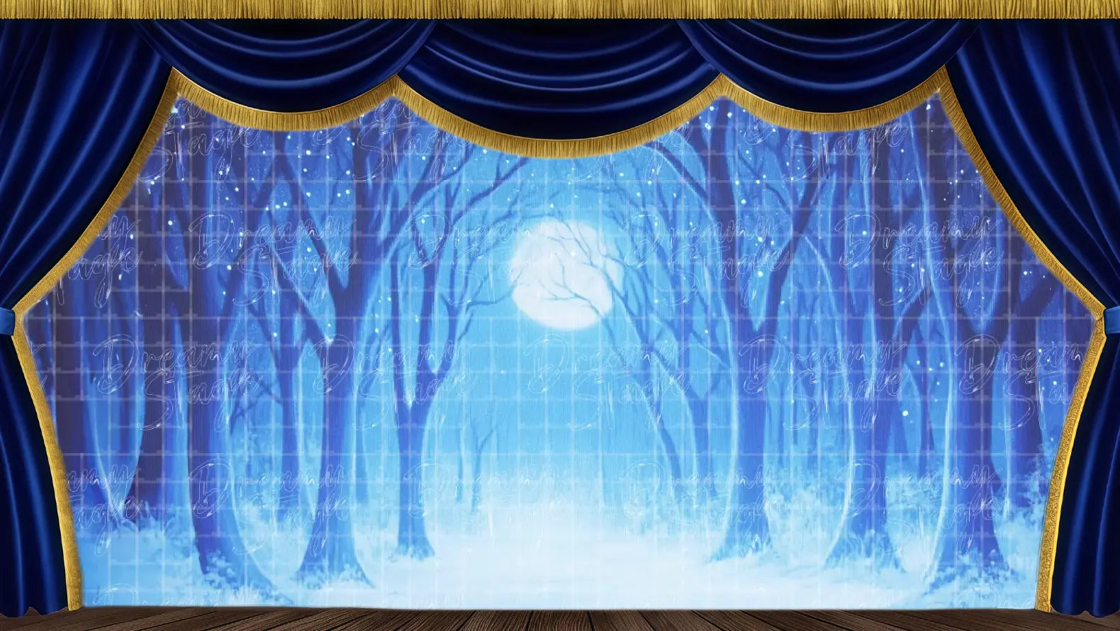 Moonlit night forest stage backdrop featuring glowing blue trees and a bright full moon. Ideal theatrical backdrops for magical transitions, nighttime Wonderland scenes, and fantasy school plays. Available in Microfiber, Outdoor Linen, and Theatre-Certified Fabric.