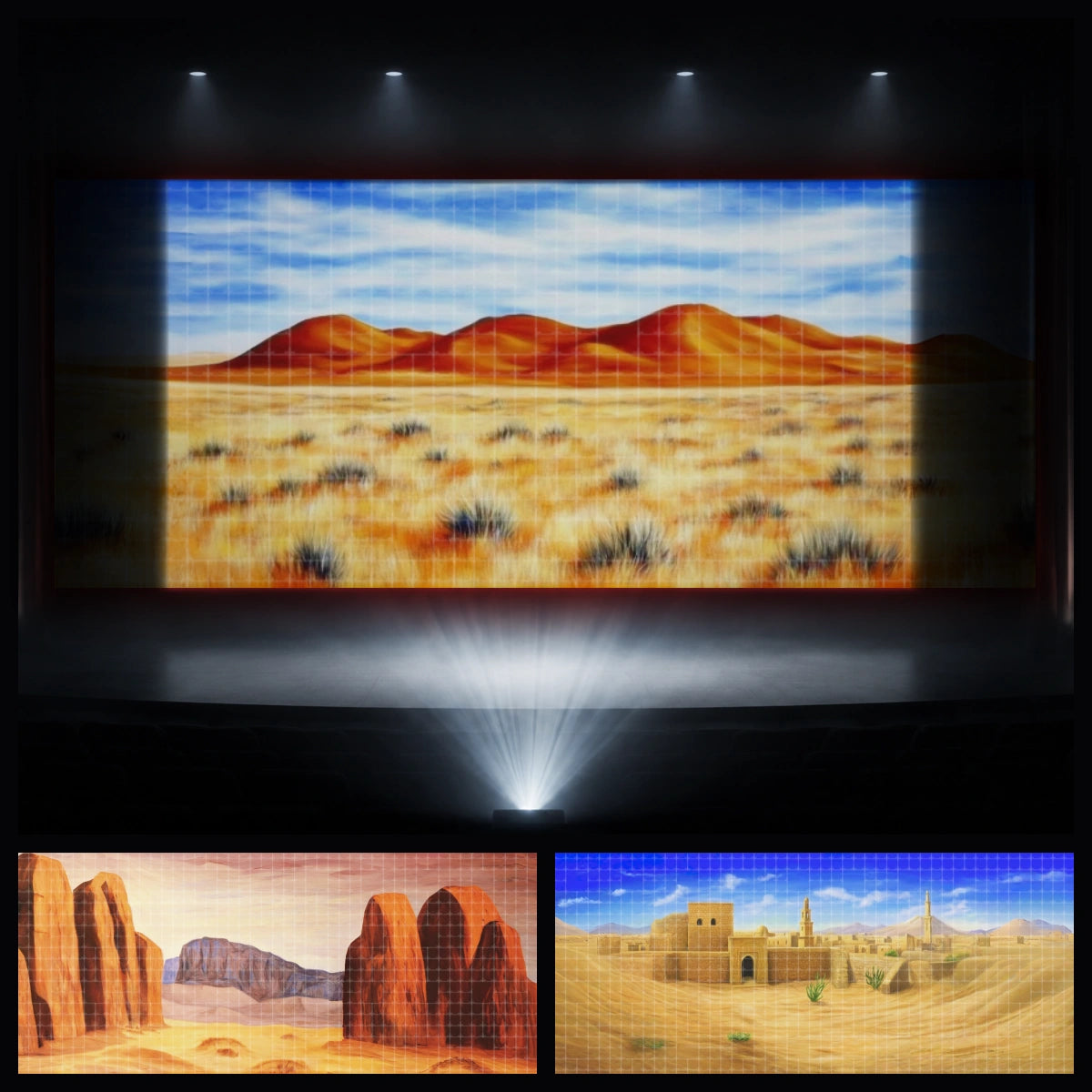 Desert Journey mini digital backdrop bundle featuring biblical desert dunes, red rock formations, ancient village scenery, and Holy Land wilderness projection backgrounds for church plays, Sunday school, VBS Bible story lessons, children’s theatre, Easter drama, and faith-based stage productions.