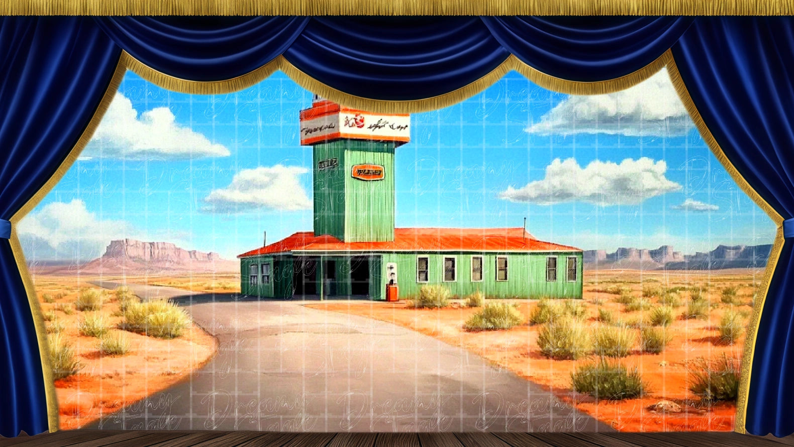 Desert roadside backdrop with buildings, ideal for Footloose transitional scenes. Digital stage backdrop for HD projection, virtual scenery, and theatrical use.