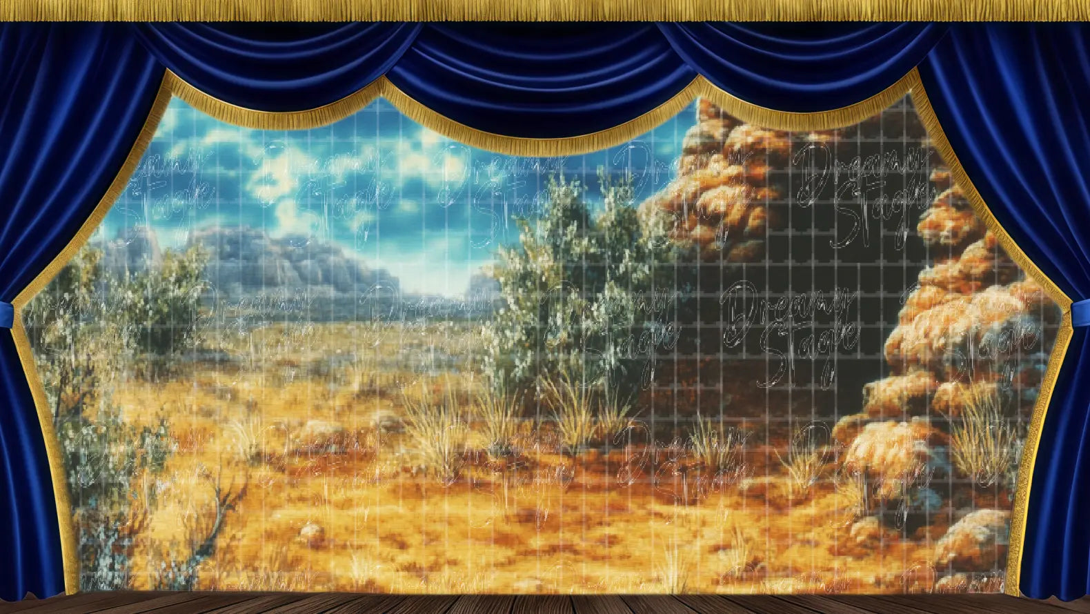 Rocky desert pathway stage backdrop for adventure musical productions.