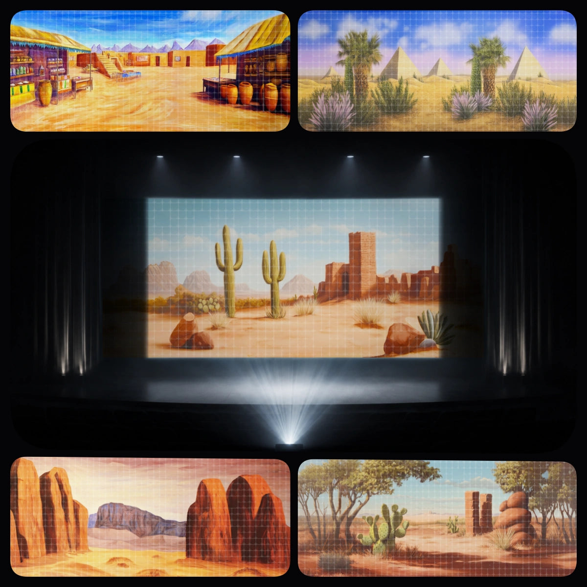 Desert Village essential digital backdrop bundle featuring ancient biblical town scenery, desert dunes, pyramid views, desert marketplace, dry wilderness landscapes, and Holy Land-inspired projection backgrounds for church drama, VBS, Sunday school, children’s ministry, Christmas Nativity, and Bible story performances.