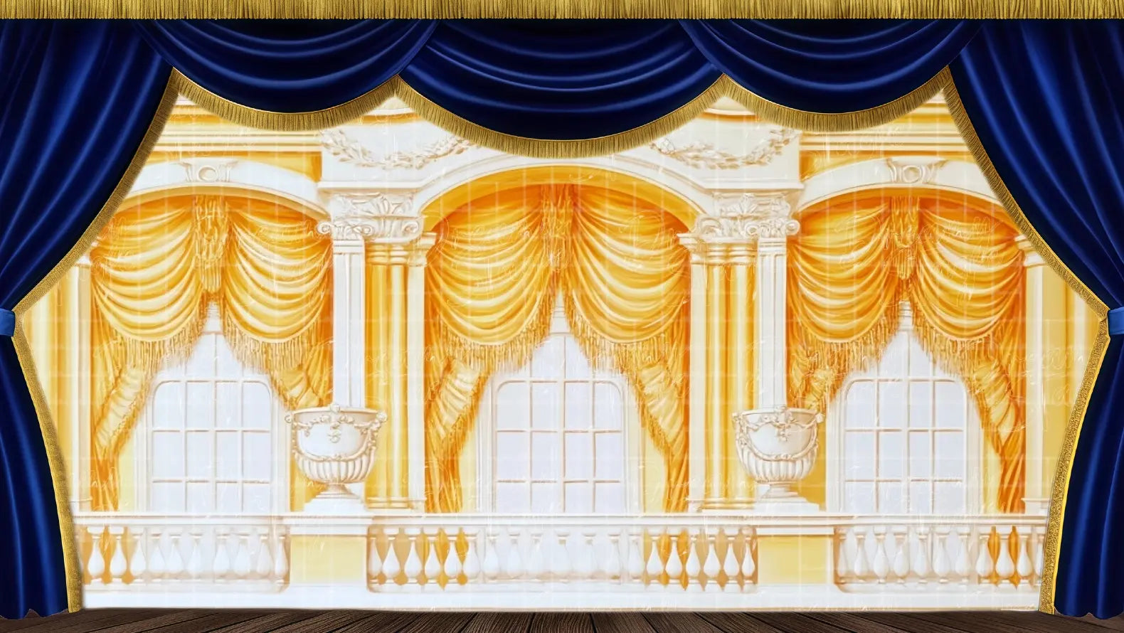 A palace interior wall featuring grand golden drapes, tall arched windows, and cream-colored details. Perfect for ballroom dances, royal banquets, or theatrical balls.