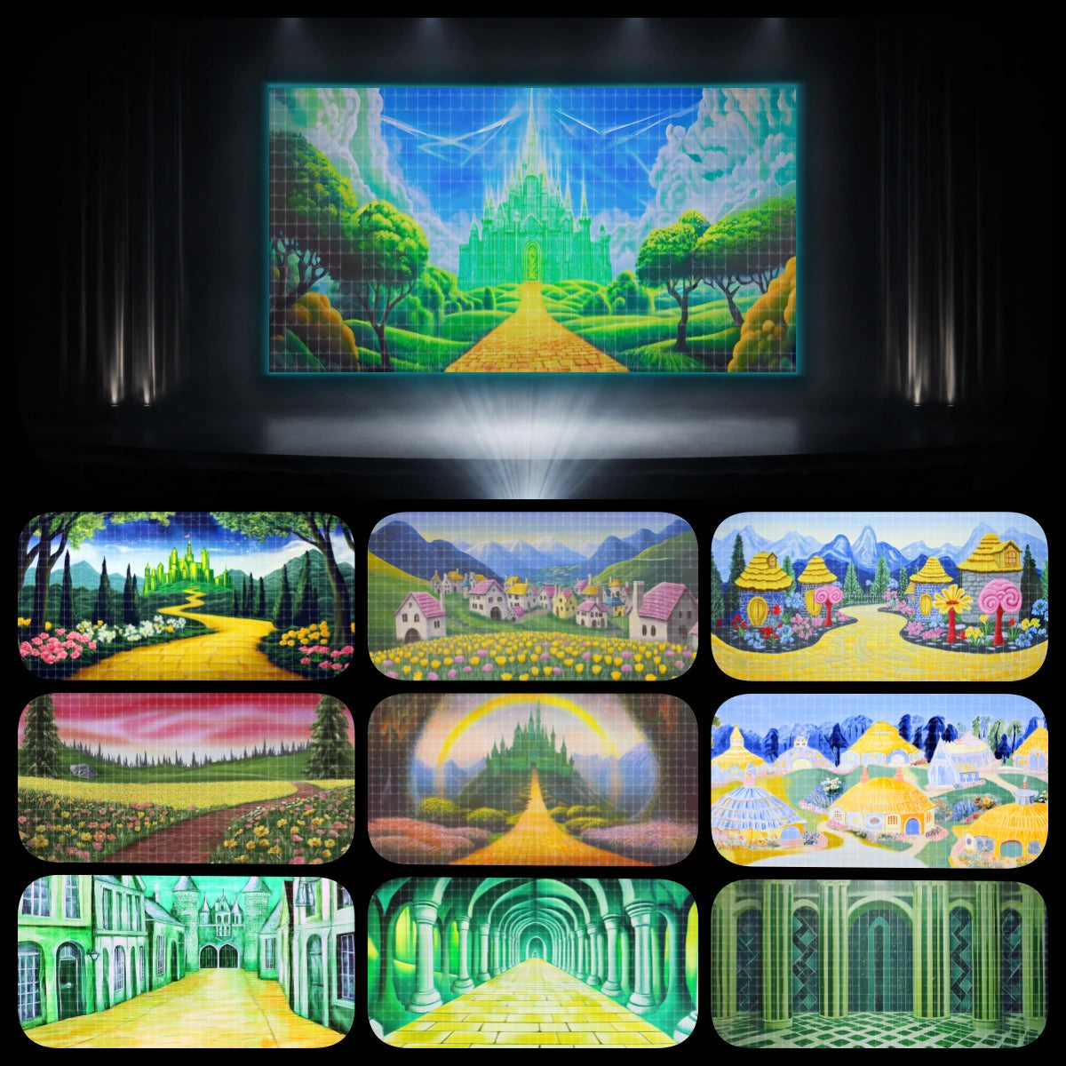 Emerald Crossing complete digital backdrop bundle featuring Emerald City castles, yellow brick road scenes, fantasy villages, green palace corridors, flower fields, magical landscapes, and enchanted travel scenery for instant download stage projection, Wizard of Oz inspired school musicals, youth theatre, community theatre, dance recitals, and fairy tale productions.