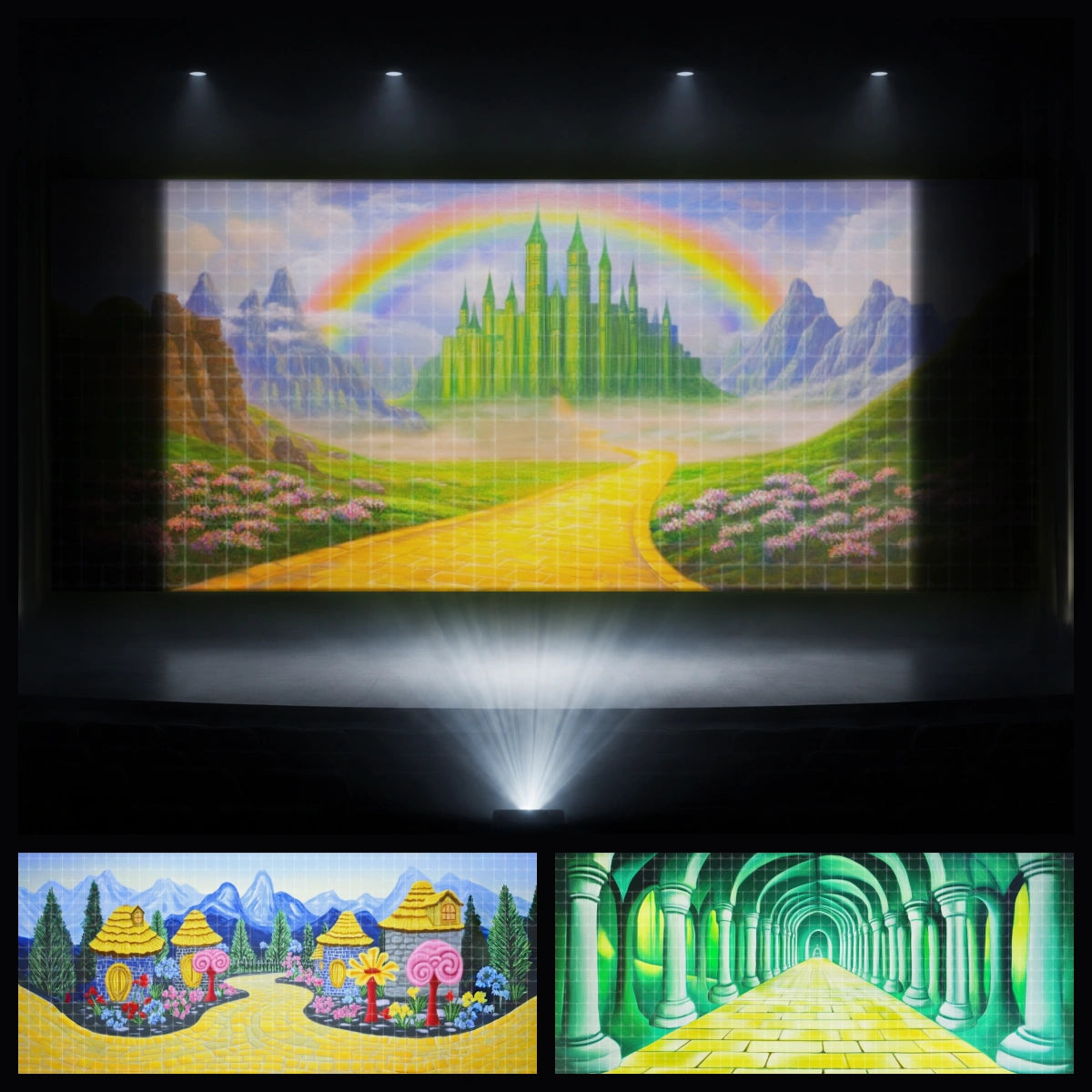 Emerald Crossing mini digital backdrop bundle featuring an Emerald City projection scene, yellow brick road, fantasy village, and green palace corridor for instant download stage projection, Oz-inspired school musicals, youth theatre, community theatre, dance recitals, and magical journey productions.