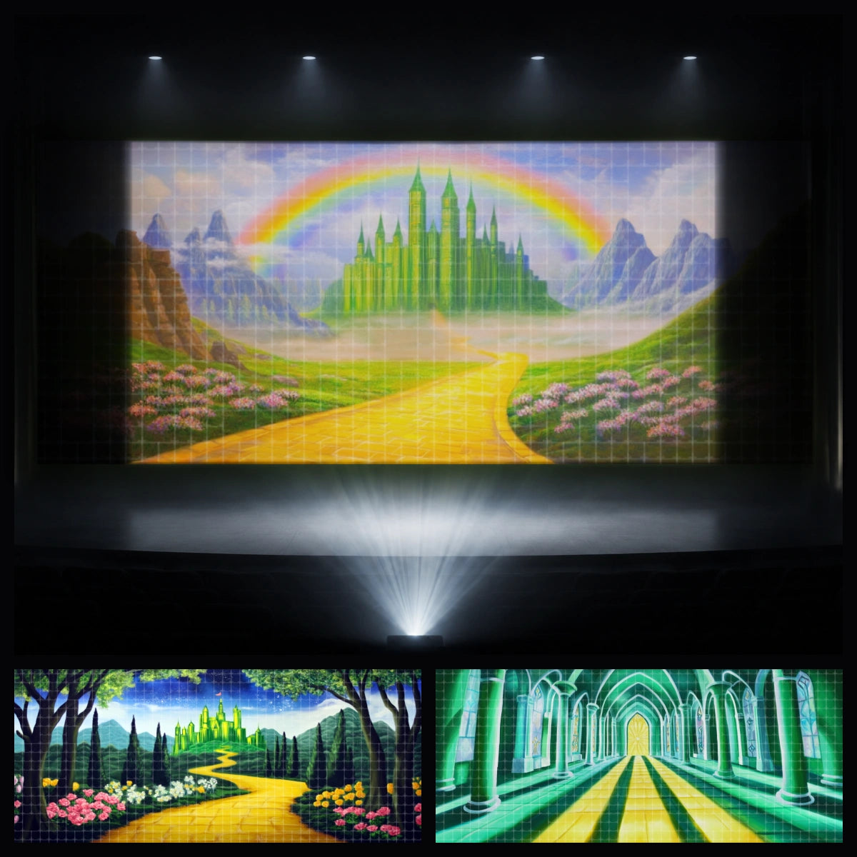 Emerald Forest mini digital backdrop bundle featuring a yellow road through an enchanted forest, Emerald City scenery, and green palace corridor for instant download projection backgrounds, Oz-inspired theatre, school musical productions, fantasy journey stories, and youth theatre performances.