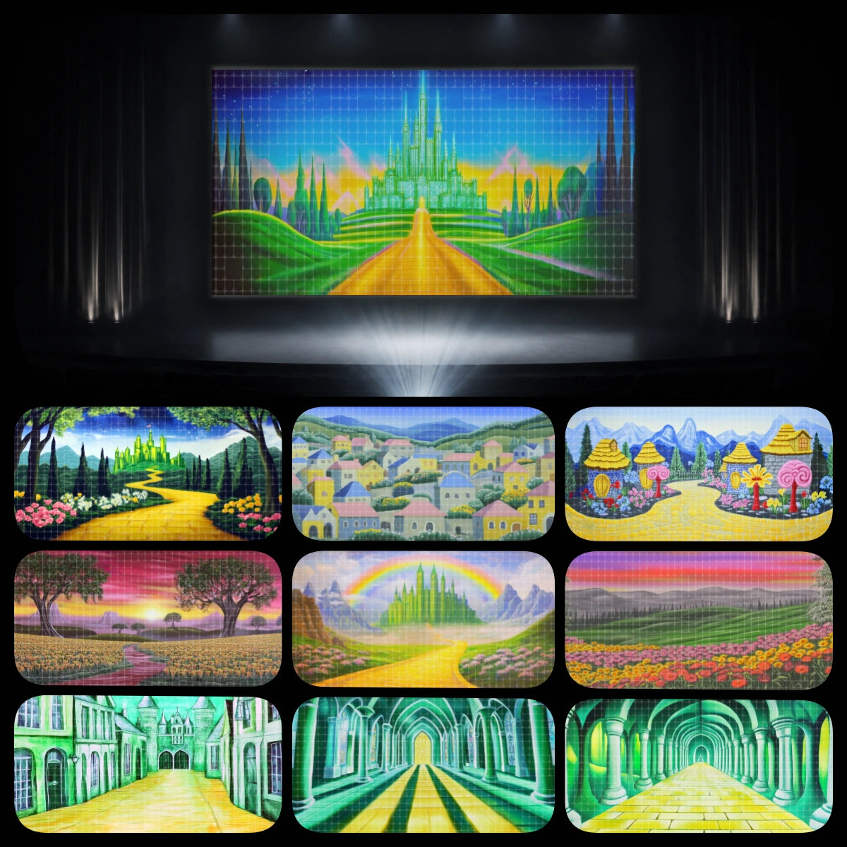 Emerald Journey complete digital backdrop bundle featuring Emerald City views, yellow brick road scenes, colorful villages, flower fields, palace exteriors, green palace interiors, and magical fantasy landscapes for instant download stage projection, Oz-inspired theatre productions, school musicals, youth theatre, dance recitals, and fairy tale adventure performances.