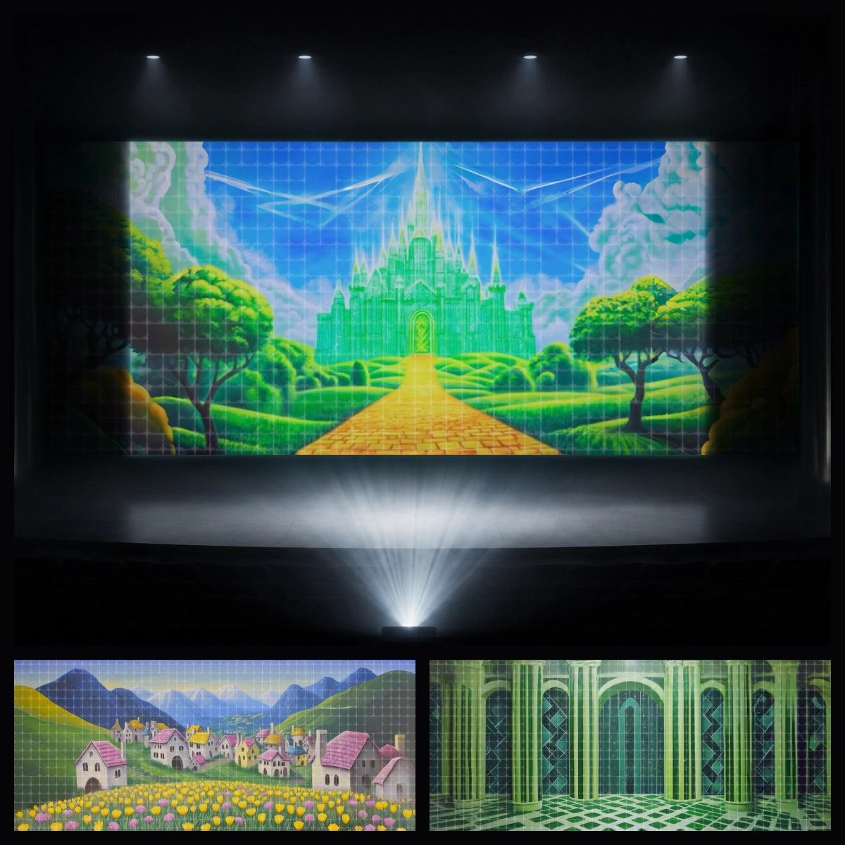 Emerald Kingdom mini digital backdrop bundle featuring a glowing Emerald City castle, colorful village, and green palace interior for instant download stage projection, Oz-inspired school plays, community theatre, children’s fantasy productions, and magical land performances.