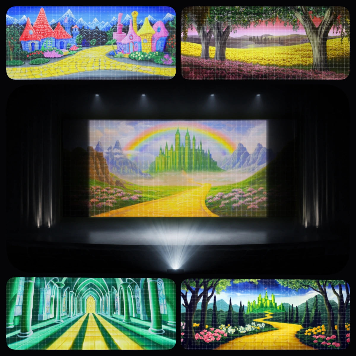 Emerald Palace essential digital backdrop bundle featuring a bright Emerald City castle, fantasy village, green palace corridor, and yellow road scenery for instant download projection backgrounds, Wizard of Oz inspired stage productions, school theatre, community musicals, and fairy tale performances.