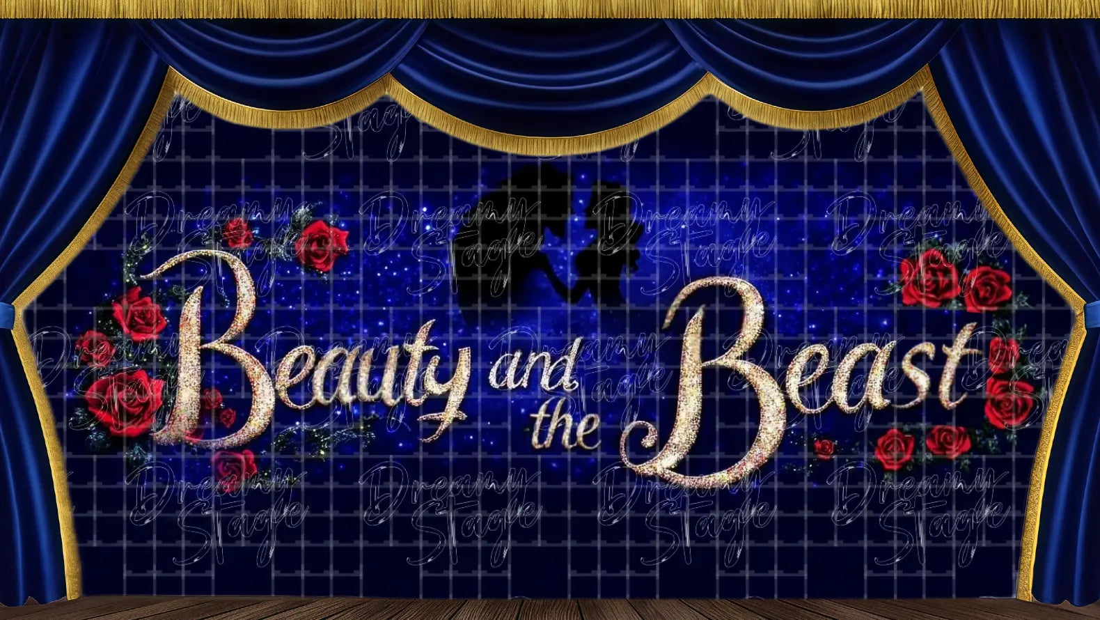 A sparkling “Beauty and the Beast” title banner with golden glitter text, vivid red roses, and silhouettes of the two characters set against a magical midnight blue background filled with stars.