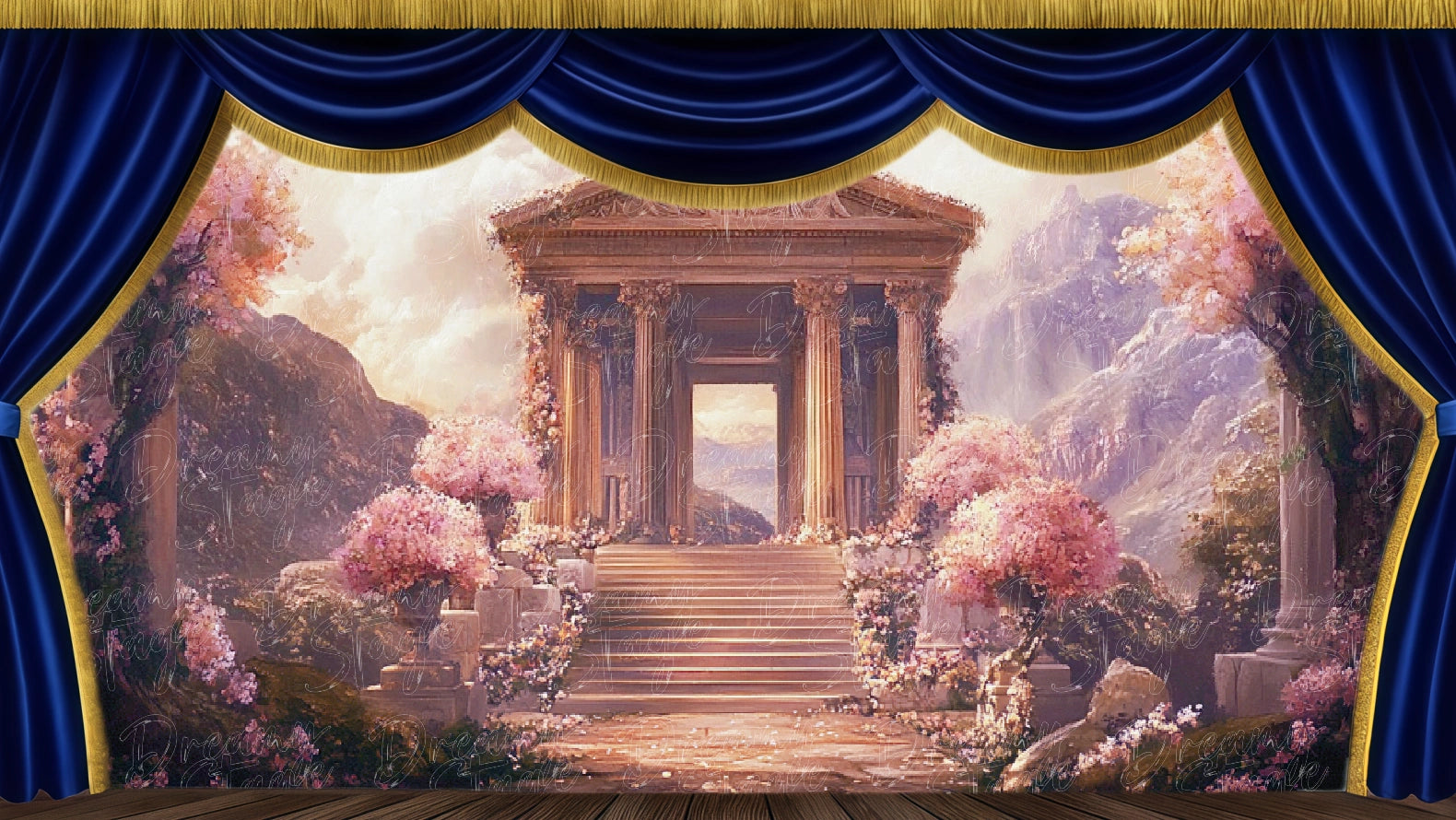 Enchanted temple garden backdrop with blossoms and classical pavilion for fantasy stage productions. Digital stage backdrop for HD projection, virtual scenery, and theatrical use.