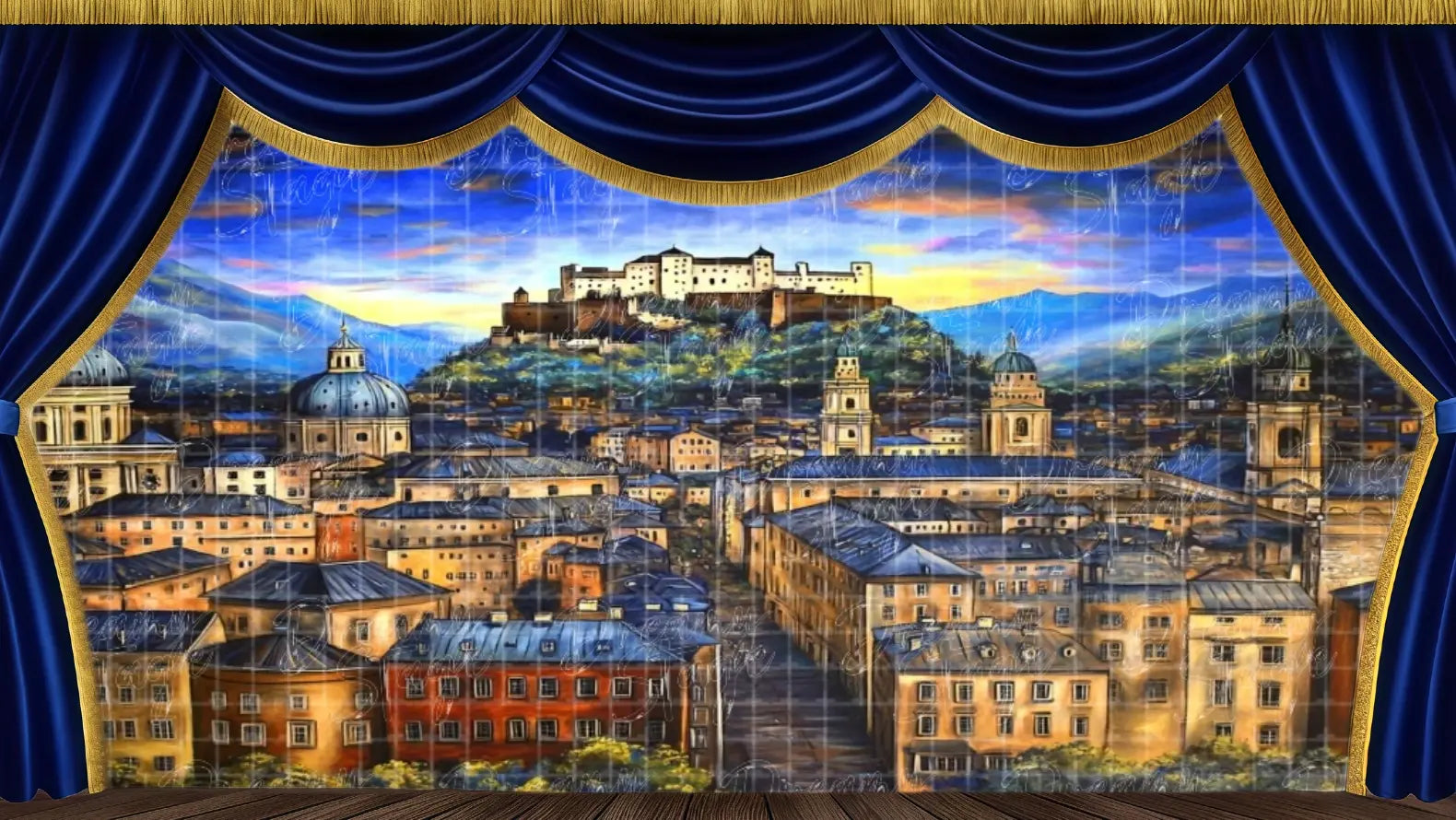 European cityscape stage backdrop at night for theatrical productions and musical theatre storytelling.