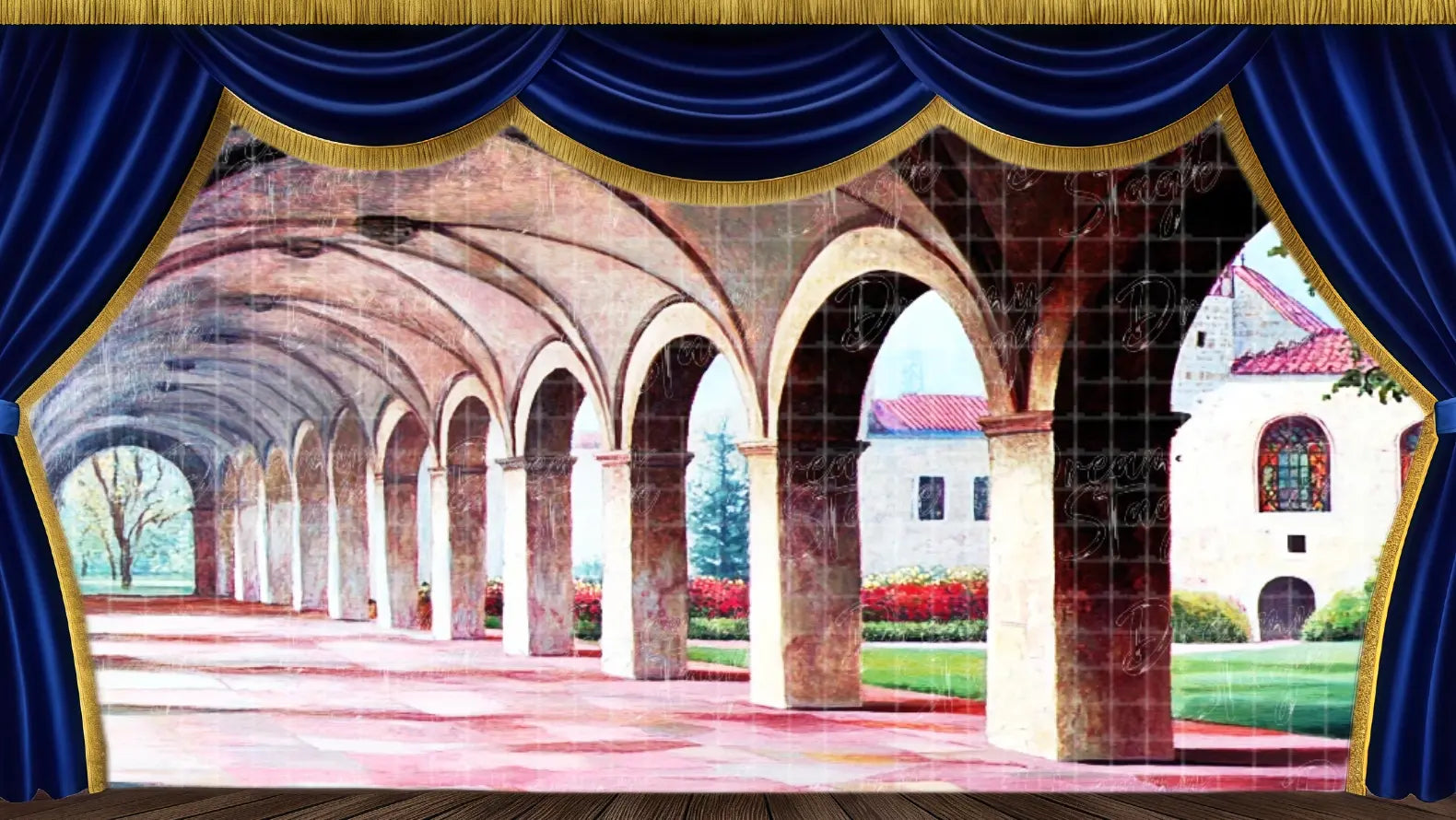 European cloister walkway stage backdrop inspired by monastery architecture, ideal for theatrical backdrops in The Sound of Music, school musicals, and community theatre productions.