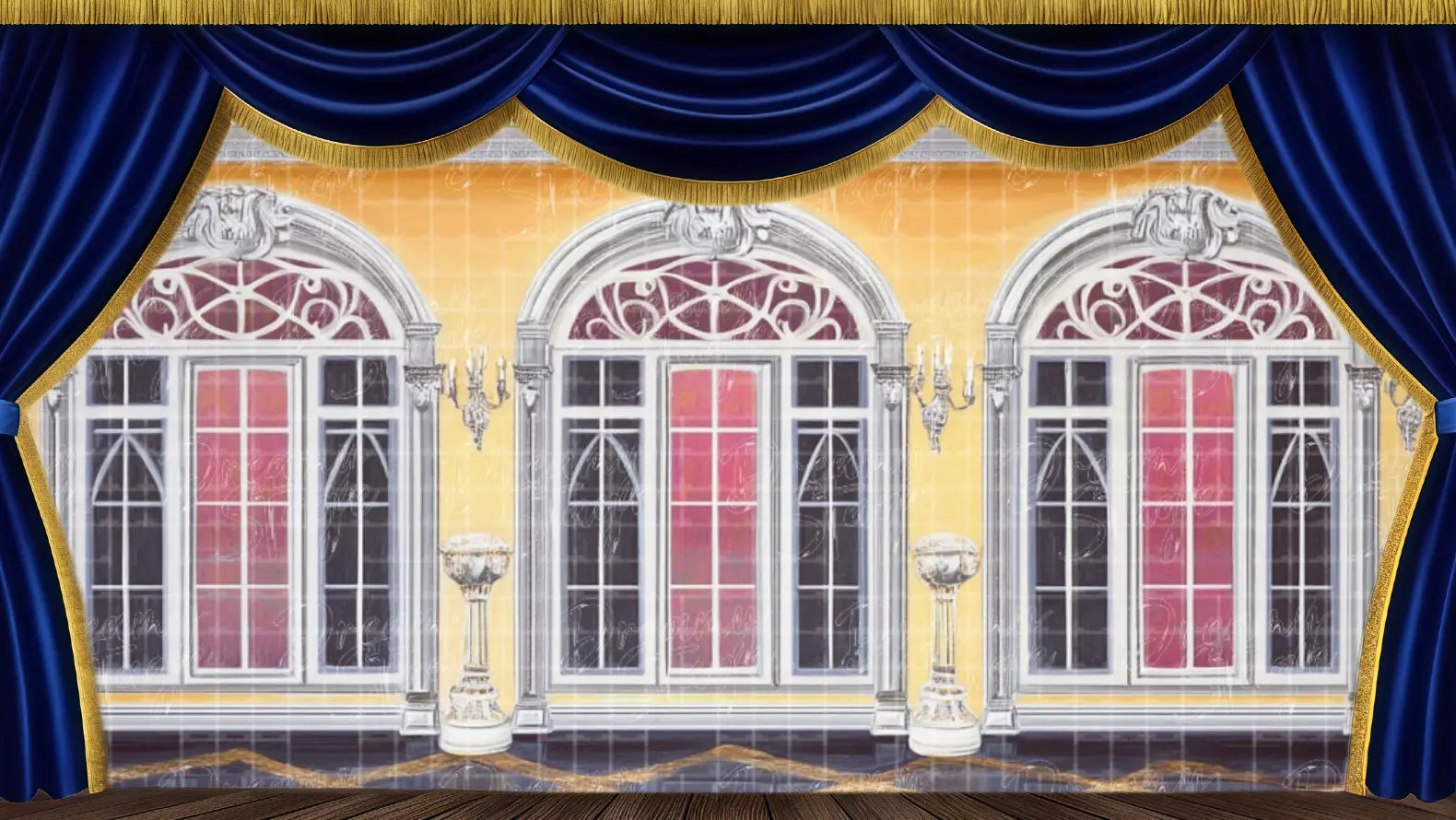 European facade window stage backdrop for theatrical productions, school theatre, and stage scenery.