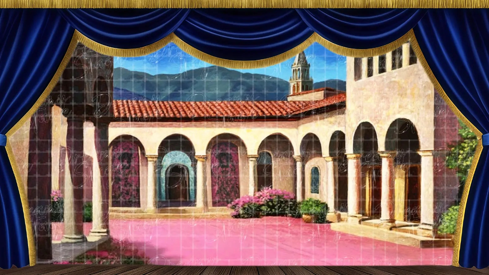 Monastery courtyard stage backdrop featuring European architecture, designed for theatrical productions, school musicals, and classical stage scenery.