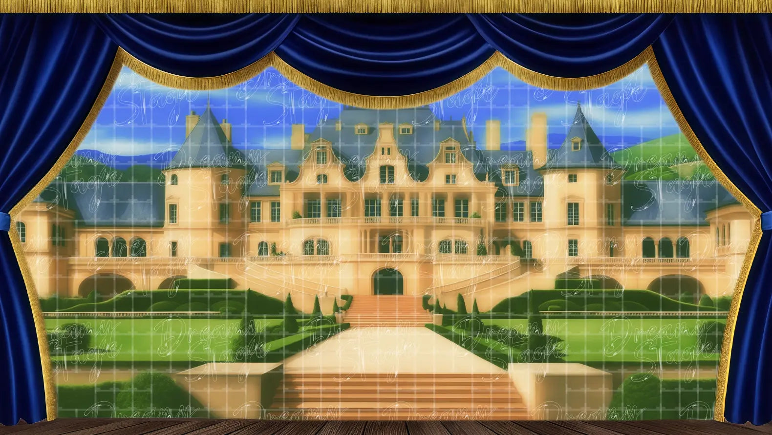 European palace exterior stage backdrop ideal for musical theatre, school stage productions, and scenic storytelling.