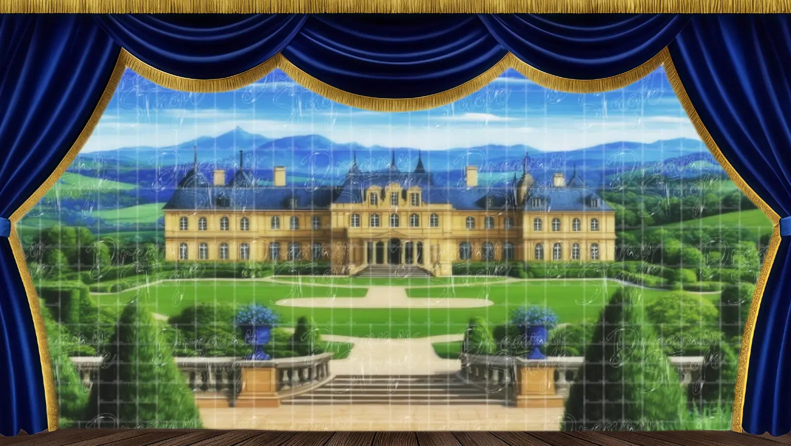 European palace garden stage backdrop designed for theatrical productions, musical theatre, and elegant outdoor stage scenes.