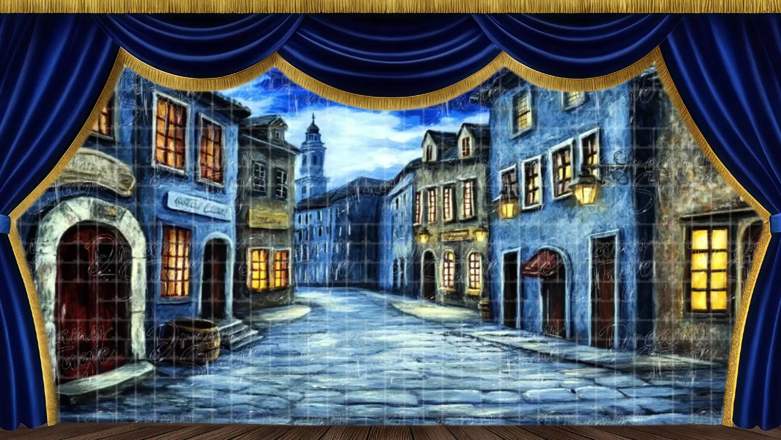 European street stage backdrop for musical theatre, school productions, and scenic storytelling.