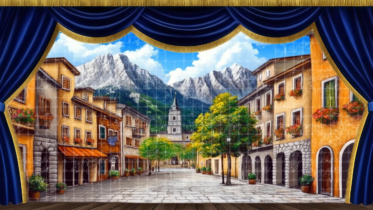 Village street stage backdrop with European architecture for theatrical productions and musical theatre.